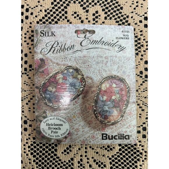 Bucilla 90s Heirloom Brooch Pair- Ribbon Embroidery Kit- May Slower- unopened - Picture 2 of 4